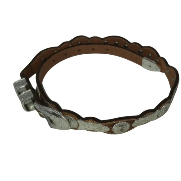 Tony Lama Western Belt Womens 30 Brown Excellent Tooled Leather Silver Concho‎ main image 4